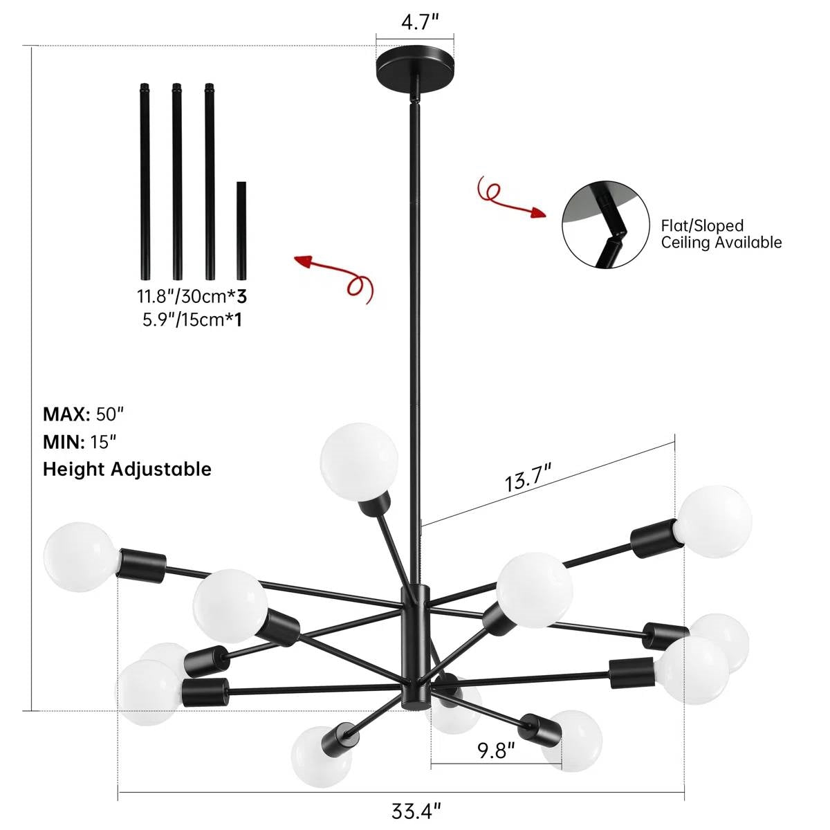 Black 33-inch Modern 12-Light Dimmable Sputnik Chandelier Lamp