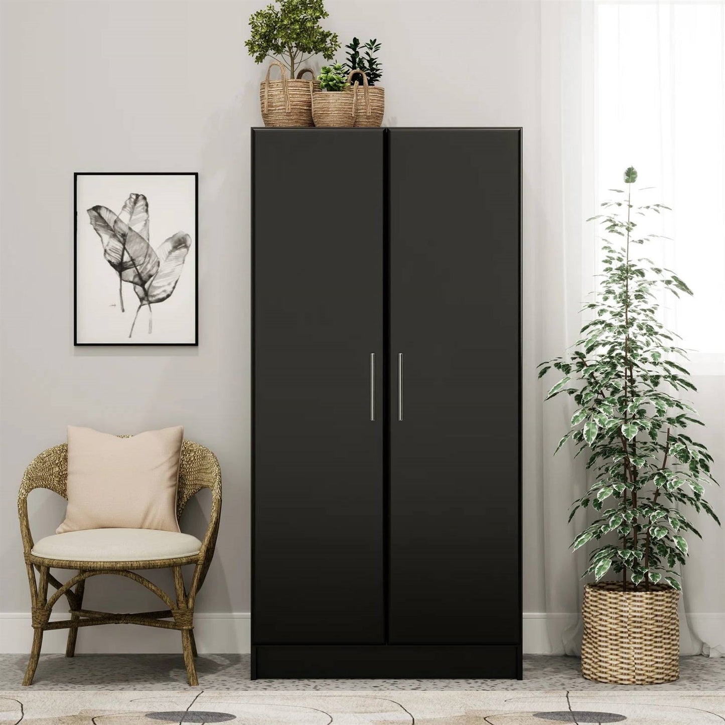 Bedroom Armoire Wardrobe Cabinet with Hanging Rail in Black Wood Finish — Chic Home-Decor