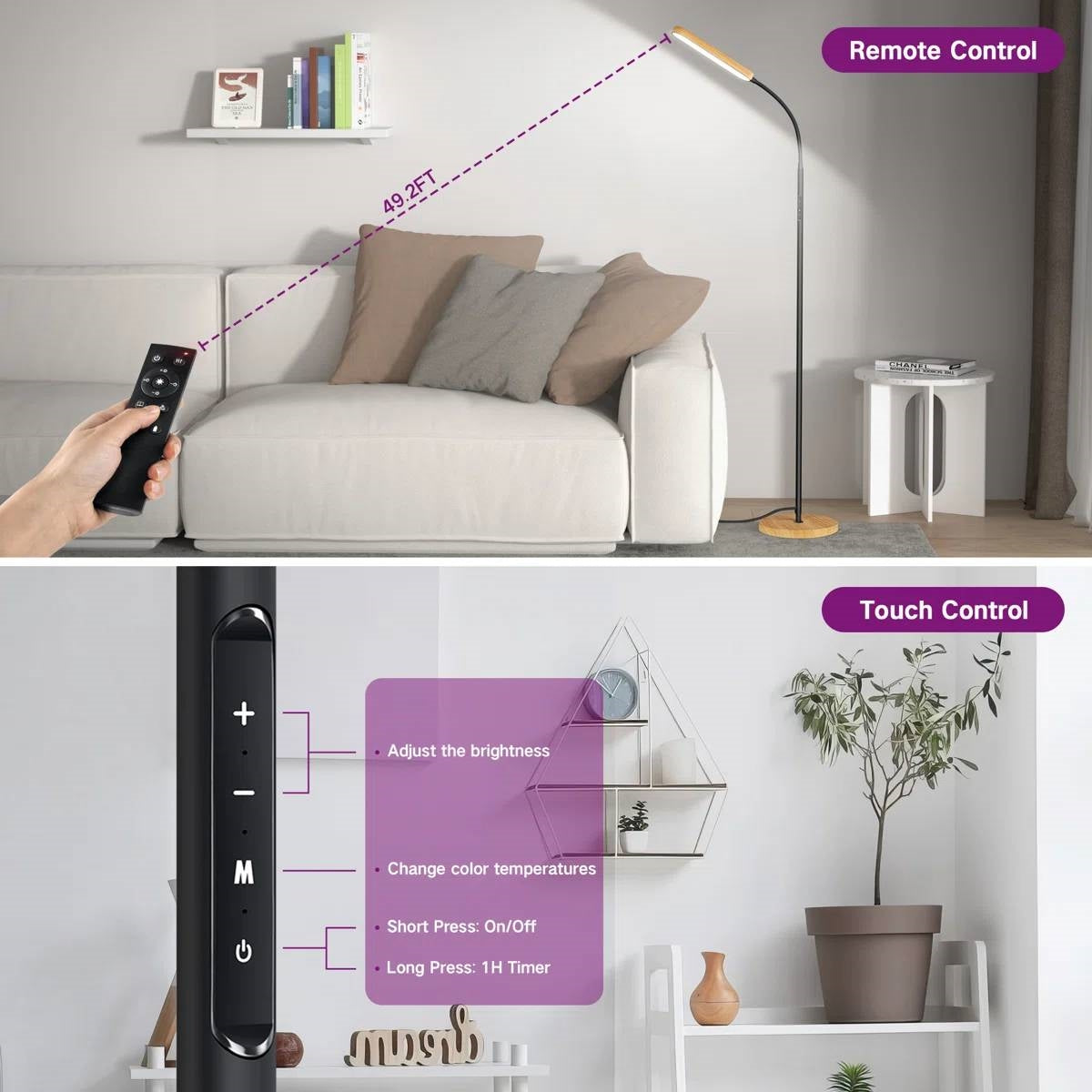 68-inch LED Dimmable Floor Lamp Reading Light with Remote and Woodgrain Accents