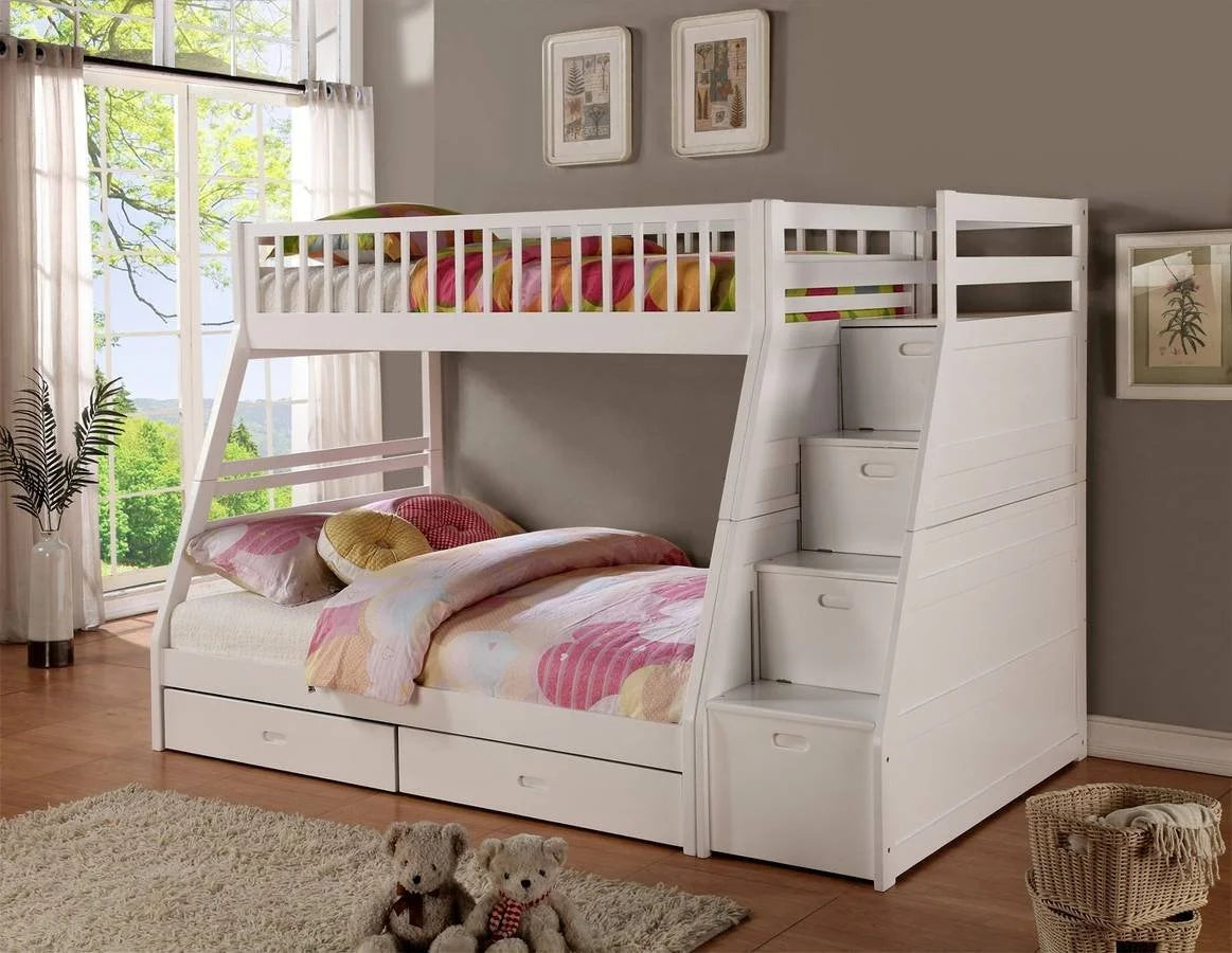Twin Over Full Wooden Bunk Bed with Storage, White