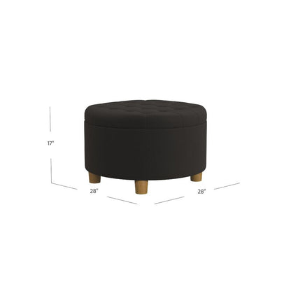 Jo Storage Ottoman, 28 Inch Round Tufted Lift Top, Chocolate Brown