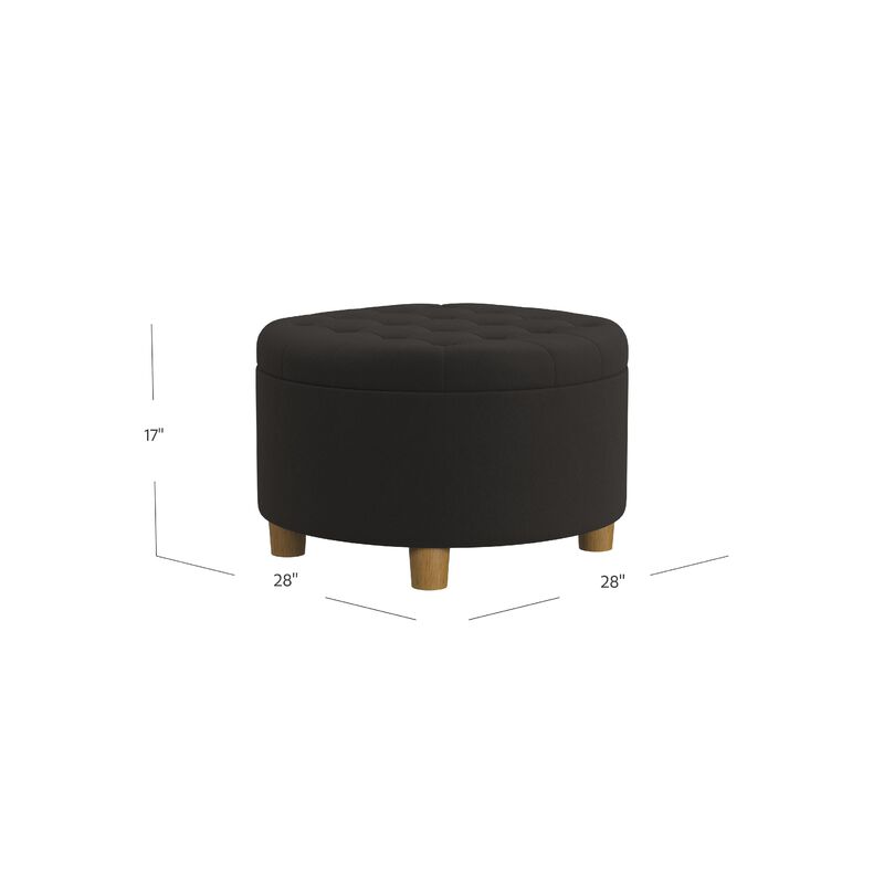 Jo Storage Ottoman, 28 Inch Round Tufted Lift Top, Chocolate Brown