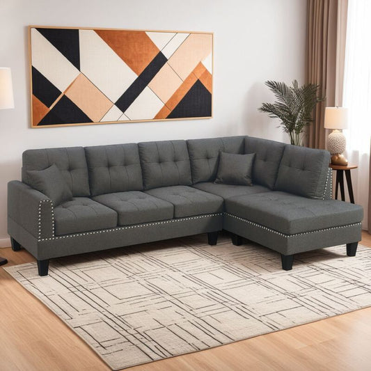 Ena 2pc Sectional Sofa Set with Chaise, 2 Pillows, Dark Brown Linen