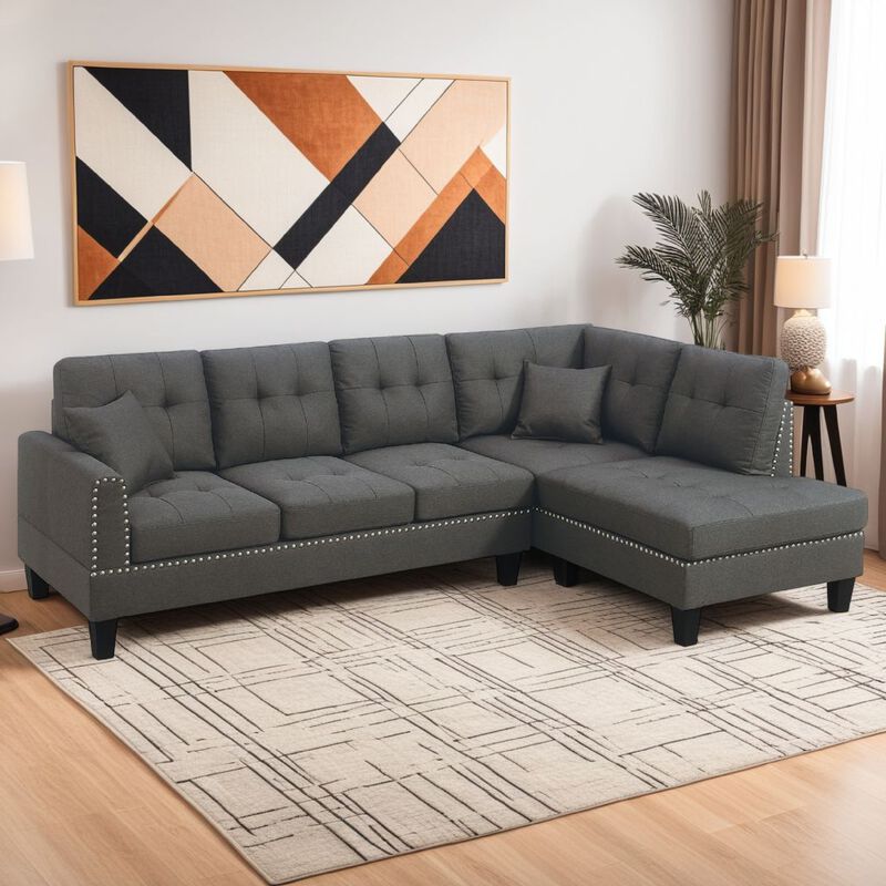 Ena 2pc Sectional Sofa Set with Chaise, 2 Pillows, Dark Brown Linen