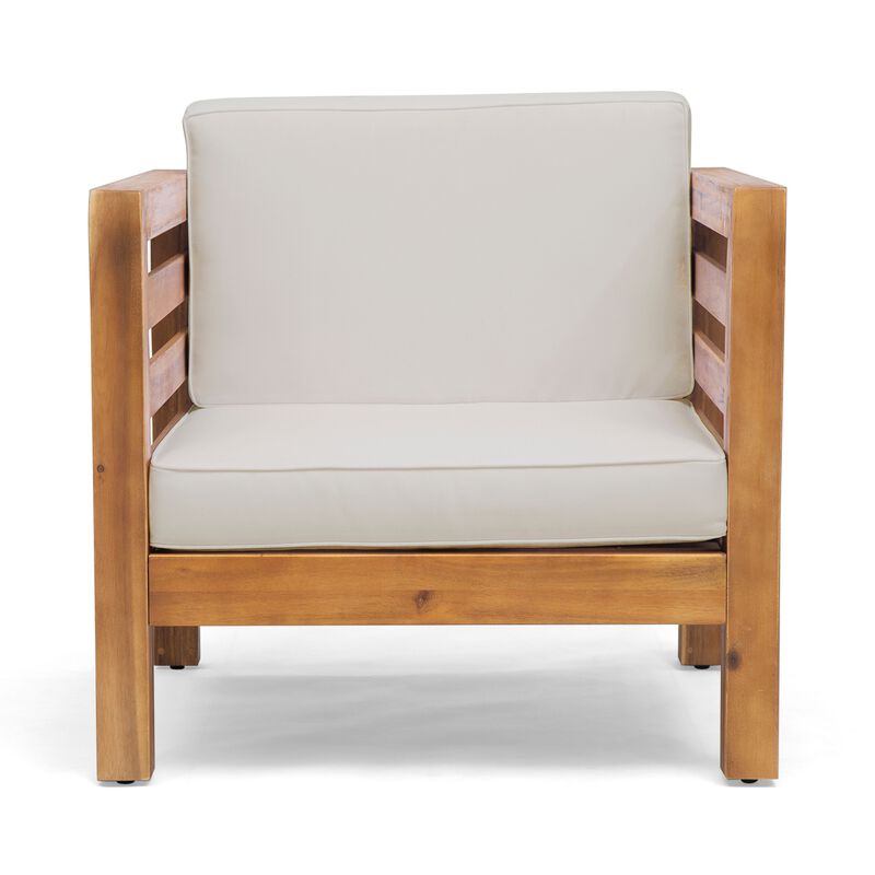 Carie Outdoor Accent Chair, Beige, Soft Cushions, Brown Acacia Wood