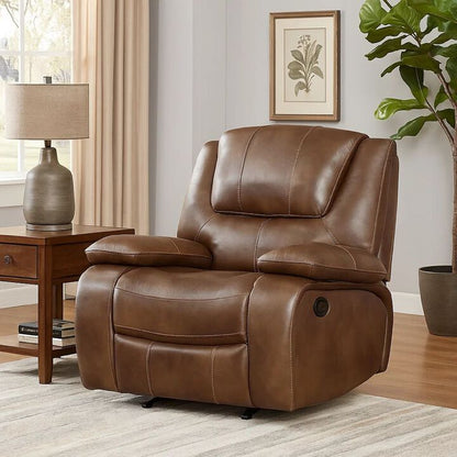 Licot Manual Glider Recliner Chair, Glossy Brown Top Grain Leather