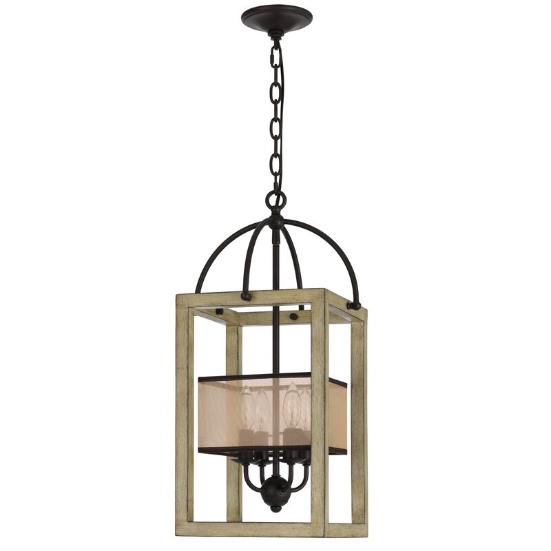 Acia 12 Inch Chandelier, Distressed Brown Organza Shade, Wood, Metal