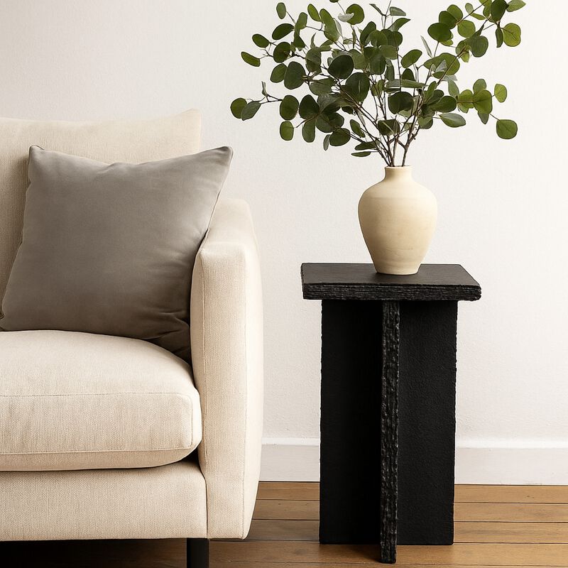 Tely Accent Side End Table, 12 Inch Square Black Slate Marble Top, X Base