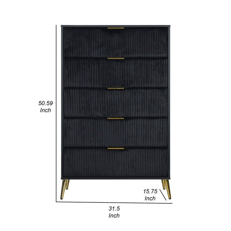 Moko 51 Inch Tall Dresser, 5 Soft Upholstered Drawers, Black, Gold