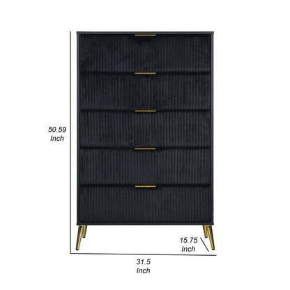 Moko 51 Inch Tall Dresser, 5 Soft Upholstered Drawers, Black, Gold