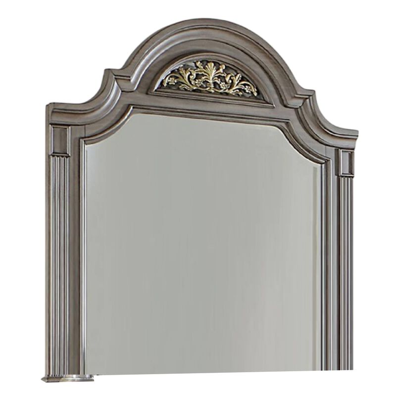 Recus Dresser Mirror, 49 Inch Floral Arched Shape, Gray Solid Wood