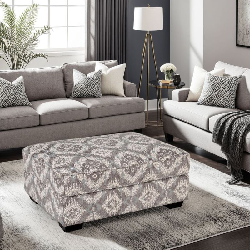 Berrie Ottoman, Geometric Gray White Polyester, Solid Wood, 40 Inch