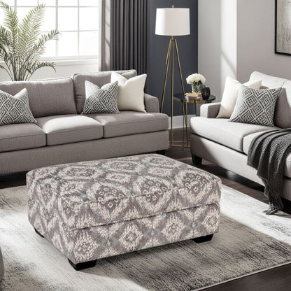 Berrie Ottoman, Geometric Gray White Polyester, Solid Wood, 40 Inch