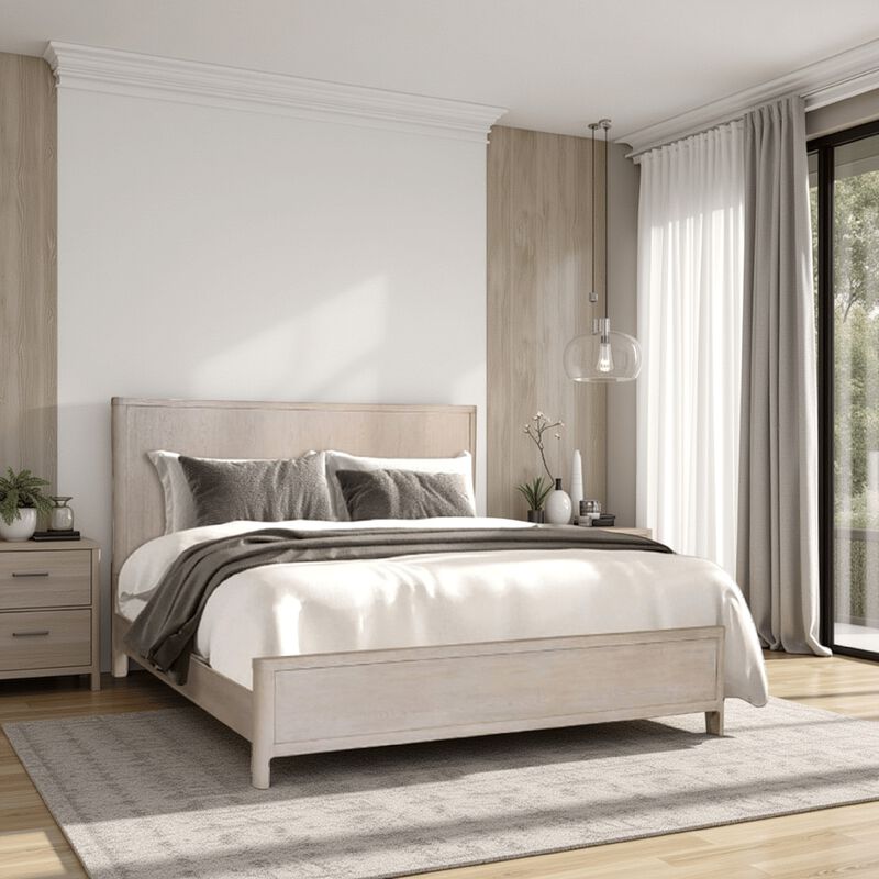 Reham Queen Size Bed, Rounded Edges, White Wash Brown Rubberwood Frame