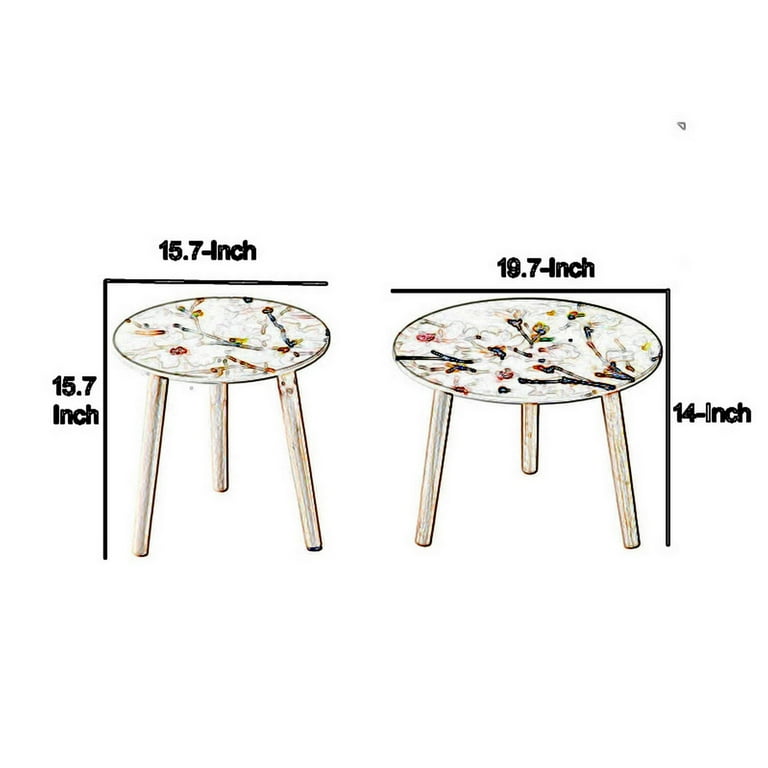 Byle 16, 20 Inch Side Table Set of 2, Floral Design, Pink and White
