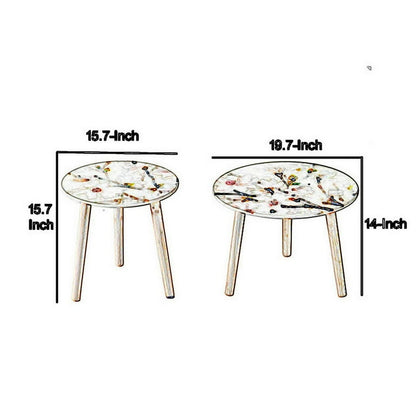Byle 16, 20 Inch Side Table Set of 2, Floral Design, Pink and White