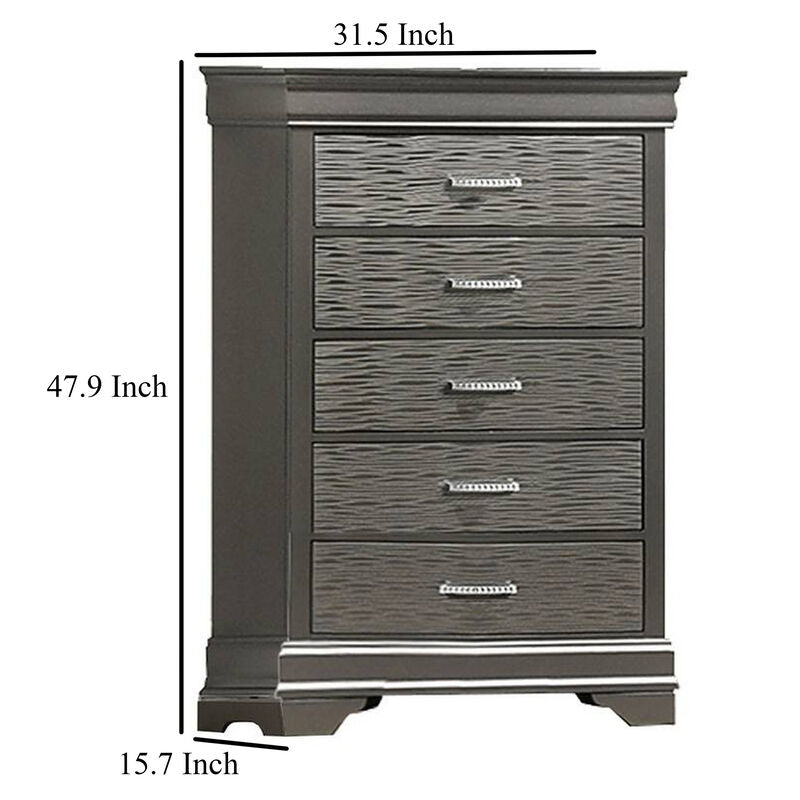 Jean Tall Dresser Chest, 5 Drawers, Chrome, Dark Gray Solid Wood