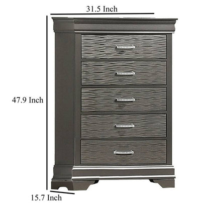 Jean Tall Dresser Chest, 5 Drawers, Chrome, Dark Gray Solid Wood