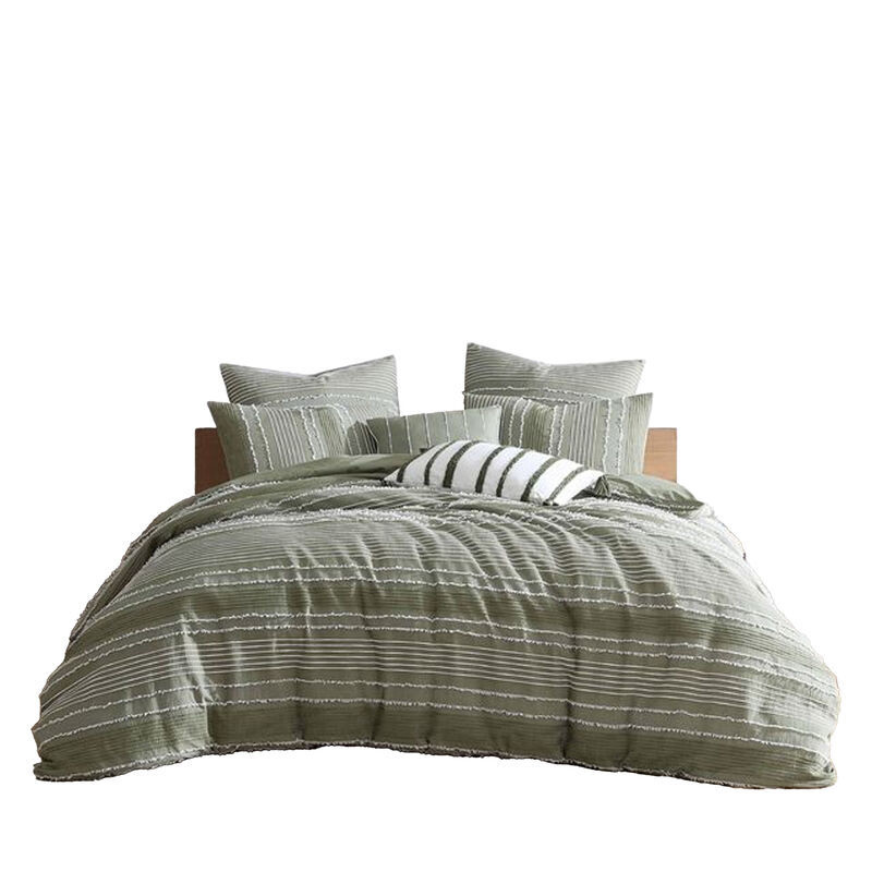 Meo 5pc Queen Size Comforter Set, Green Textured Woven Jacquard Stripe
