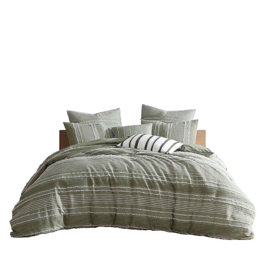 Meo 5pc Queen Size Comforter Set, Green Textured Woven Jacquard Stripe