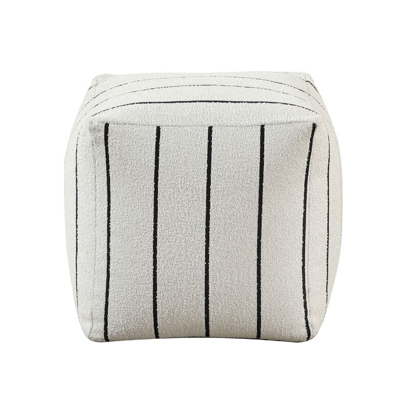 Modern Pouf Ottoman, White Black Striped Jacquard, 16 Inch Square