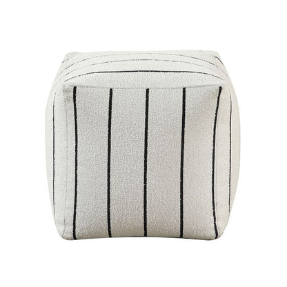 Modern Pouf Ottoman, White Black Striped Jacquard, 16 Inch Square