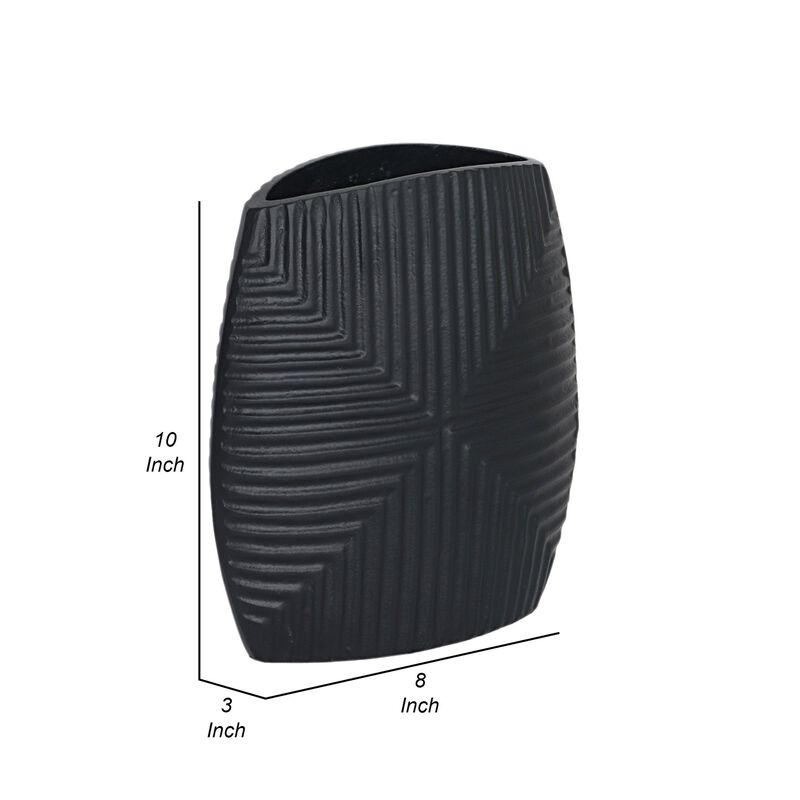 Ako 10 Inch Vase, Metal Ribbed Body Design, Curved Top, Matte Black Finish