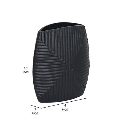 Ako 10 Inch Vase, Metal Ribbed Body Design, Curved Top, Matte Black Finish