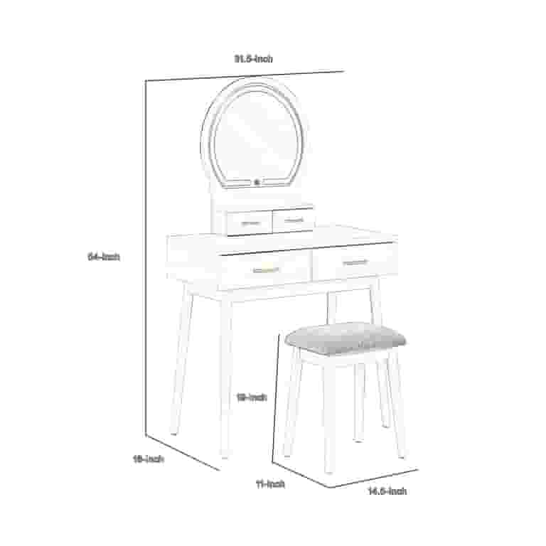 Anvy Vanity Desk Set with Mirror and Stool, 4 Drawers, Gray Wood