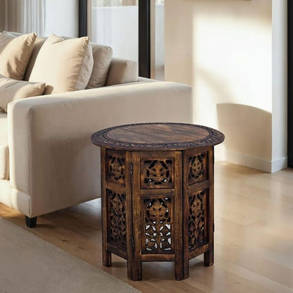 18 Inch Mango Wood Folding Accent Table, Hand Carved, Walnut Brown
