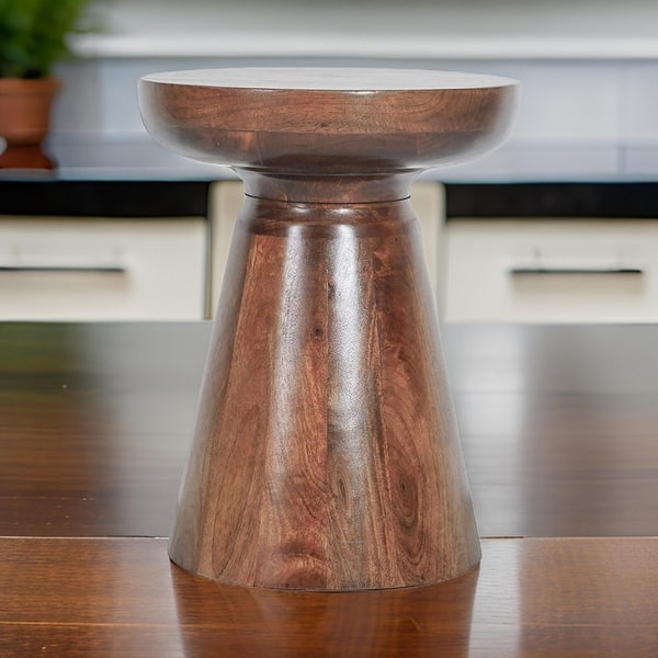 18 Inch Side Accent Table, Round Mango Wood Top, Cone Base, Brown Finish