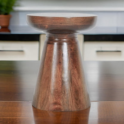 18 Inch Side Accent Table, Round Mango Wood Top, Cone Base, Brown Finish