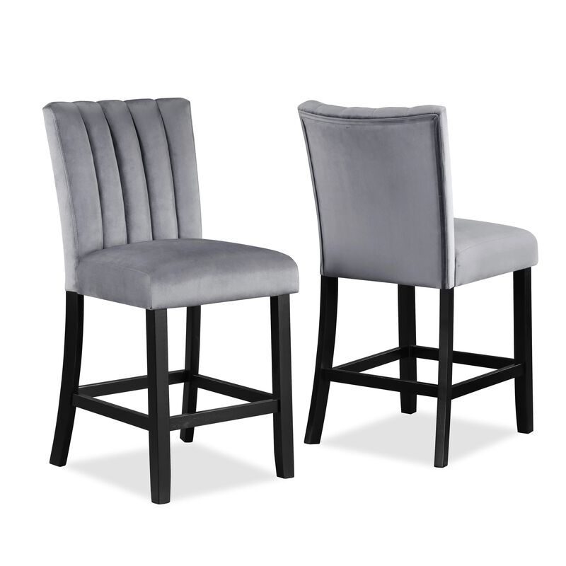 Marcus 26 Inch Counter Height Chair Set of 2, Channel Tufted, Wood, Gray