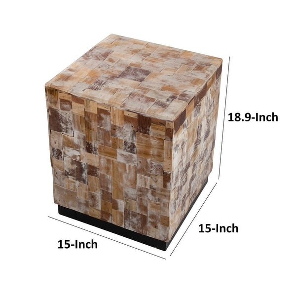 19 Inch Side End Table Stool, Square, Resin Patchwork Style Design, Brown