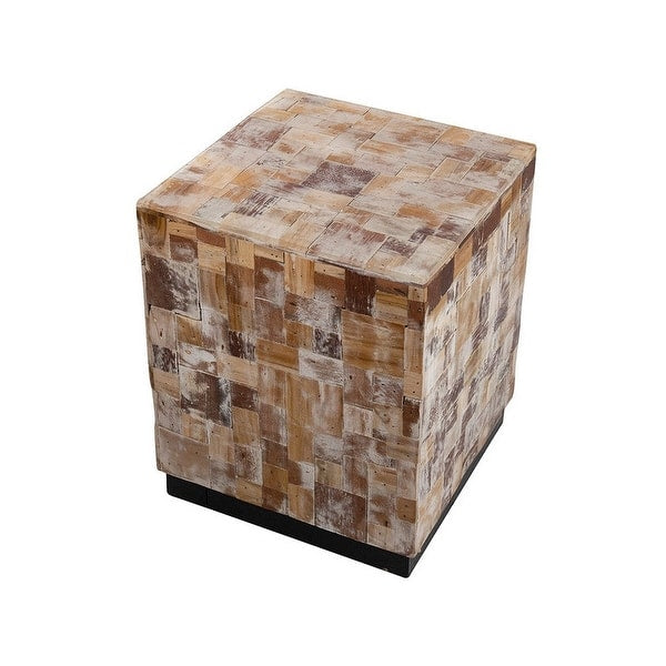 19 Inch Side End Table Stool, Square, Resin Patchwork Style Design, Brown