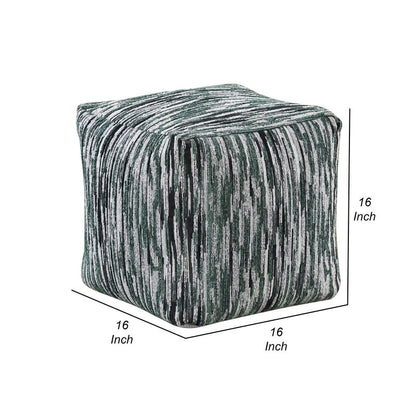 Modern Pouf Ottoman, Green White Curved Striped Jacquard, 16in Square