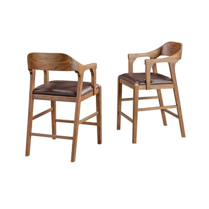 Rase 24 Inch Counter Stool Chair, Faux Leather, Open Back, Brown Wood