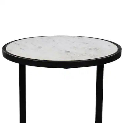 Beri 18 Inch Side End Table, Round White Natural Marble Top, Classic Slim Black Iron Frame