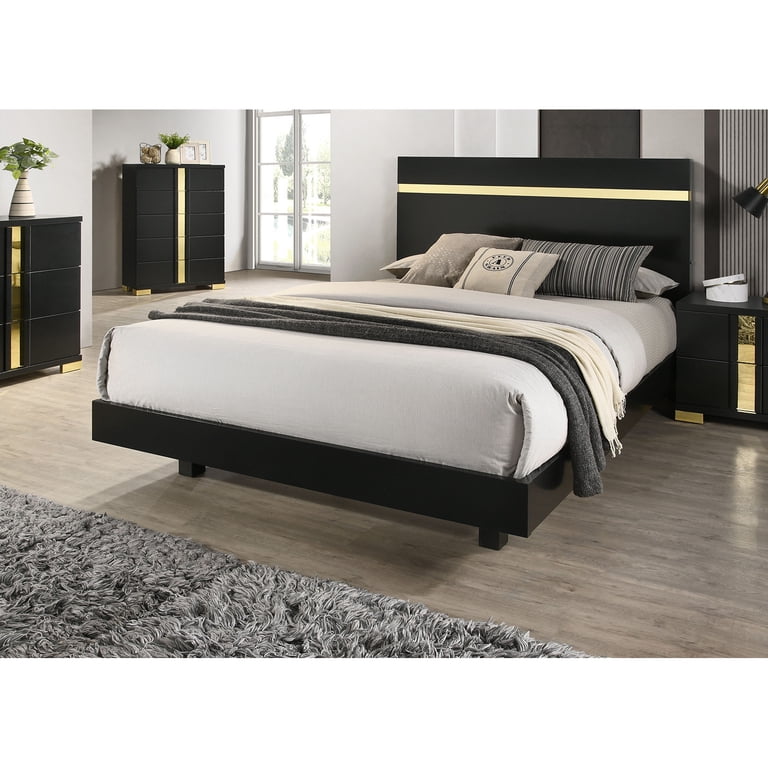 Black 1pc Full Size Bed Underbed LED Modern Bedroom Furniture Acrylic Trim Mattress Ready Bedframe