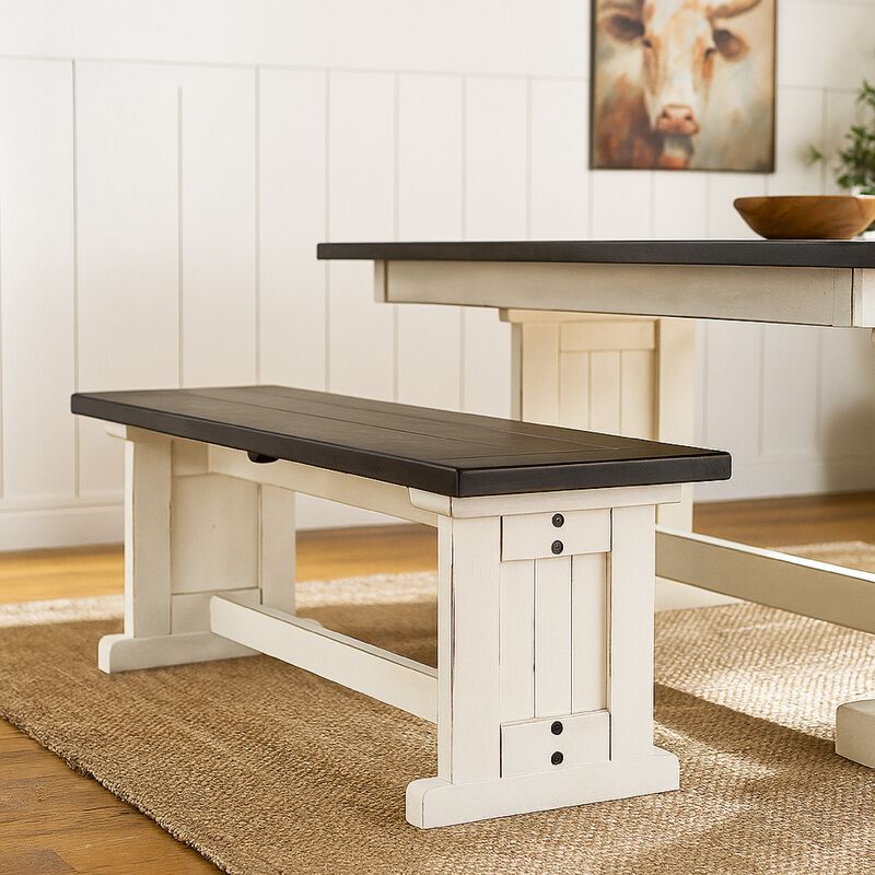 Orso Side Dining Bench, Plank Seat, Off White and Brown Wood 48 Inch