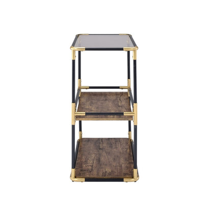 Rechange Glass Top Console Table Metal Tubular Framing and Wooden Shelves, Black and Brown