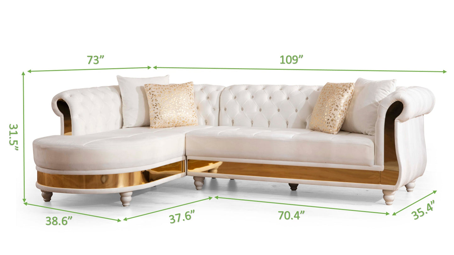 Gold Detailed Tufted Upholstery Sectional made with Wood In Off White