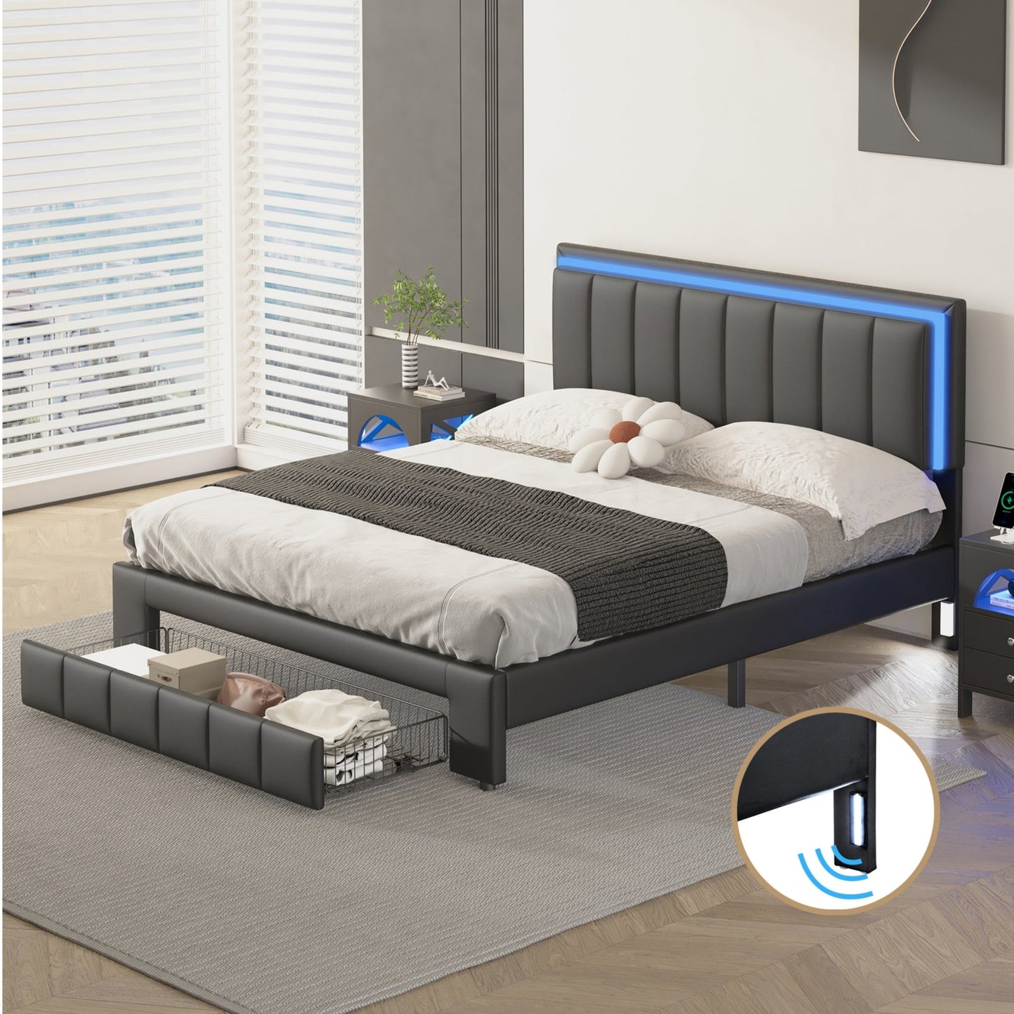 Vivid Full Bed WithDrawer,Black Pu