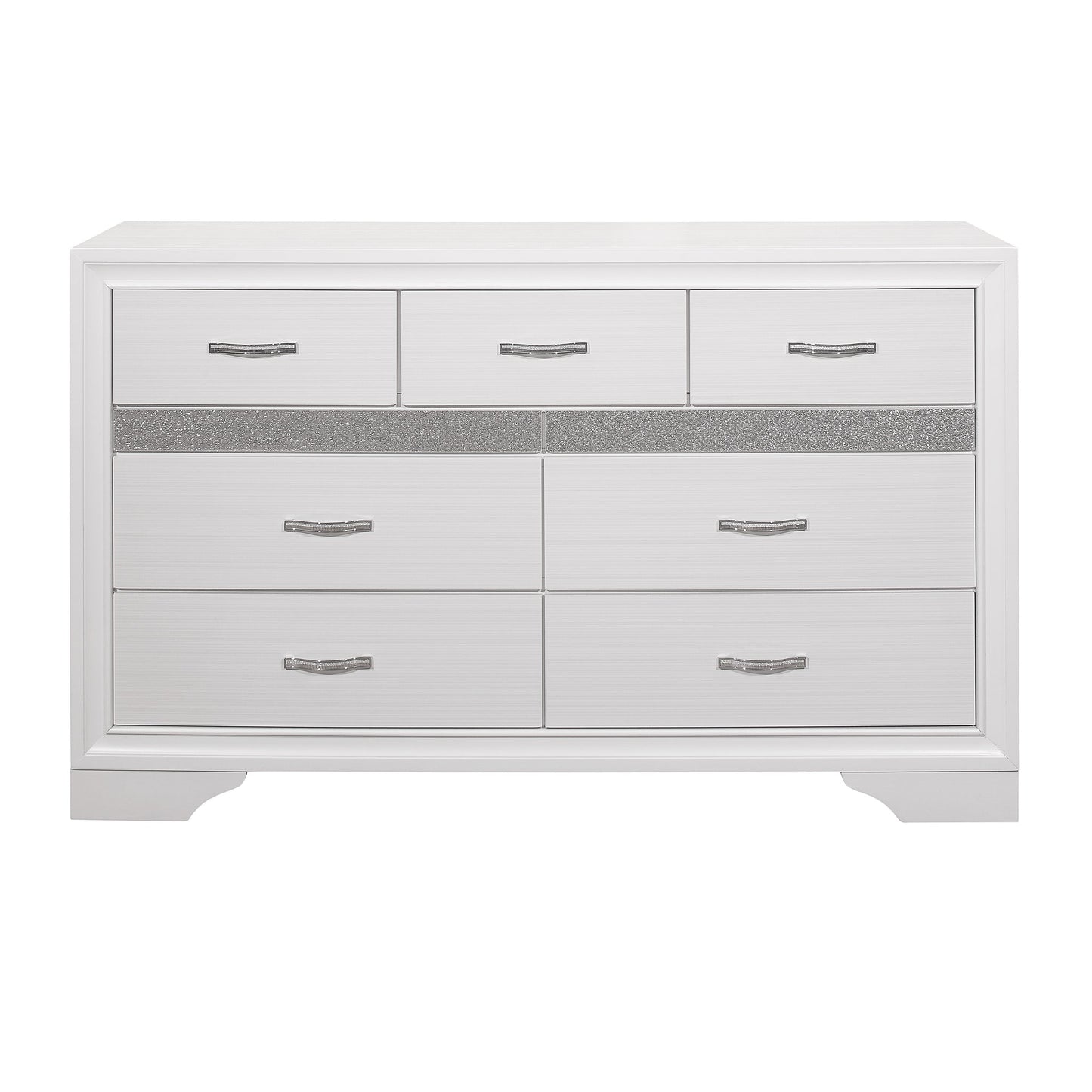 Modern Glam Dresser of 7 Drawers White and Silver Glitter Hidden Jewelry Drawers Ball Bearing Glides Modern Wooden Bedroom Furniture