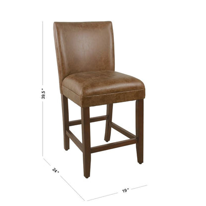 24 Inch Counter Stool Chair, Brown Wood Frame, Faux Leather Seat