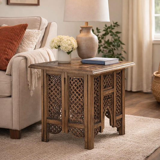 21 Inch Boho Side End Table, Floral Carved Details, Foldable Panel Legs, Natural Walnut Brown