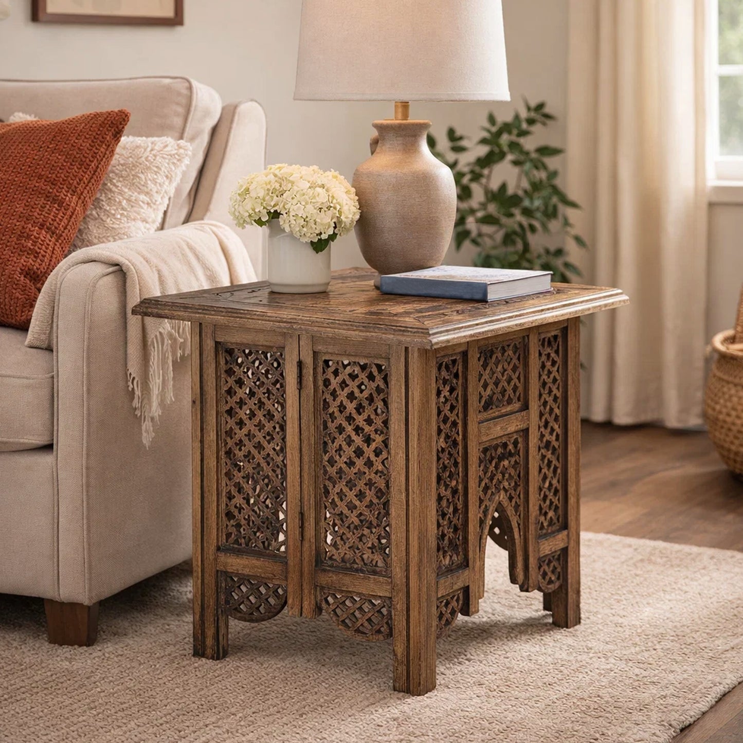 21 Inch Boho Side End Table, Floral Carved Details, Foldable Panel Legs, Natural Walnut Brown