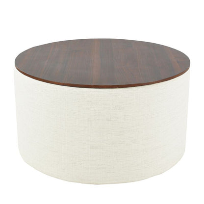 Mesy Storage Ottoman, 30 Inch Round Lift Tray Top, Ivory Woven Fabric