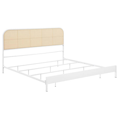 Ammy King Bed, Radio Weave Headboard, Brown Faux Rattan, White Metal