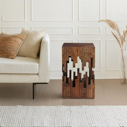24 Inch Accent Side End Table, Brown Acacia Wood, Slatted Square Top, Handcrafted Abstract Silhouette, Black Iron